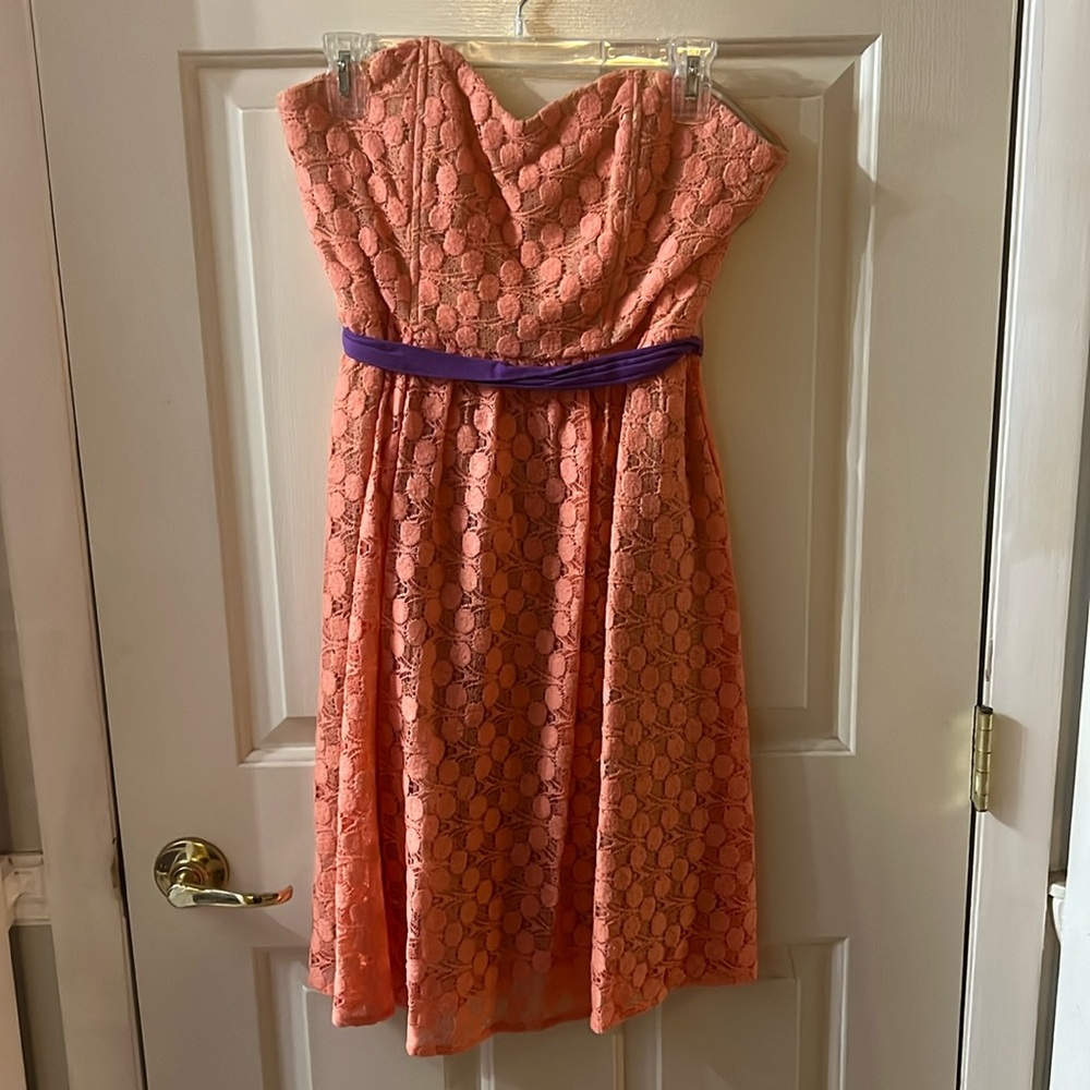 Orange strapless Lace Dress with Purple Bow